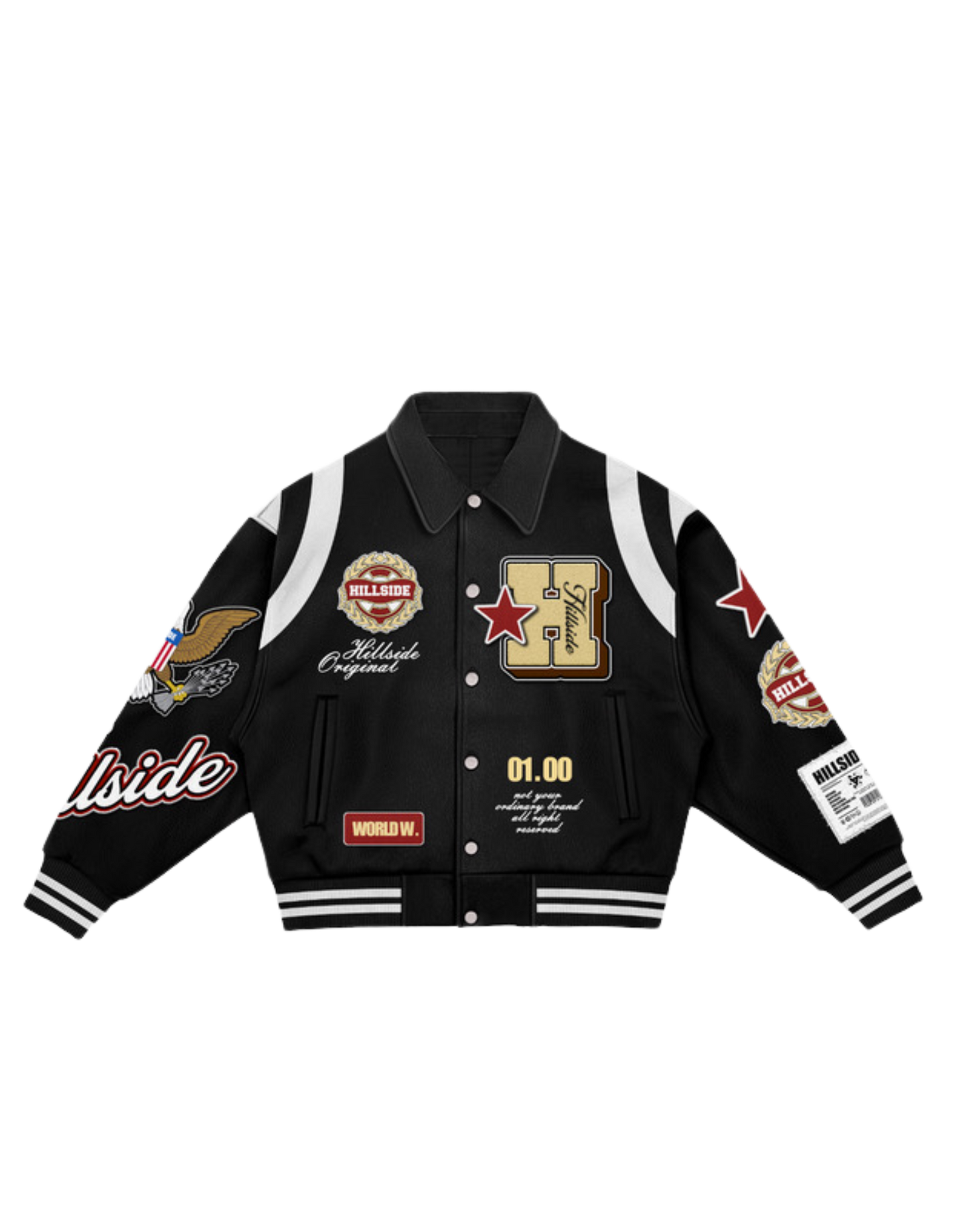 Black “Hillside Wrld Dept” Varsity Jacket