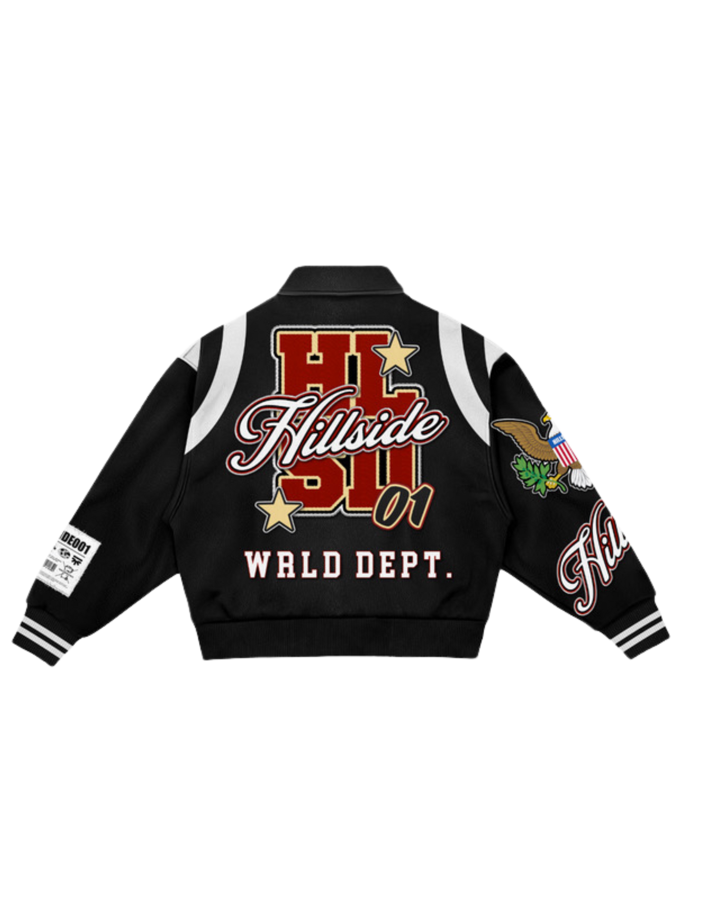 Black “Hillside Wrld Dept” Varsity Jacket