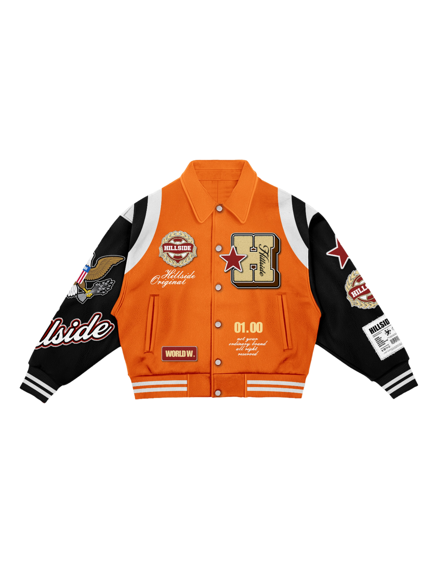 Orange “Hillside Wrld Dept” Varsity Jacket